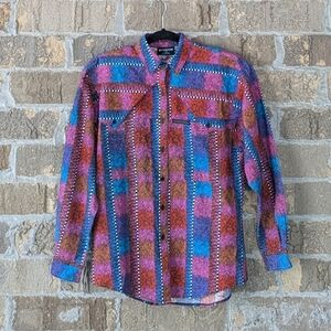 VTG 80s Rocky Mountain Clothing Colorful Western Rodeo Button Front Shirt